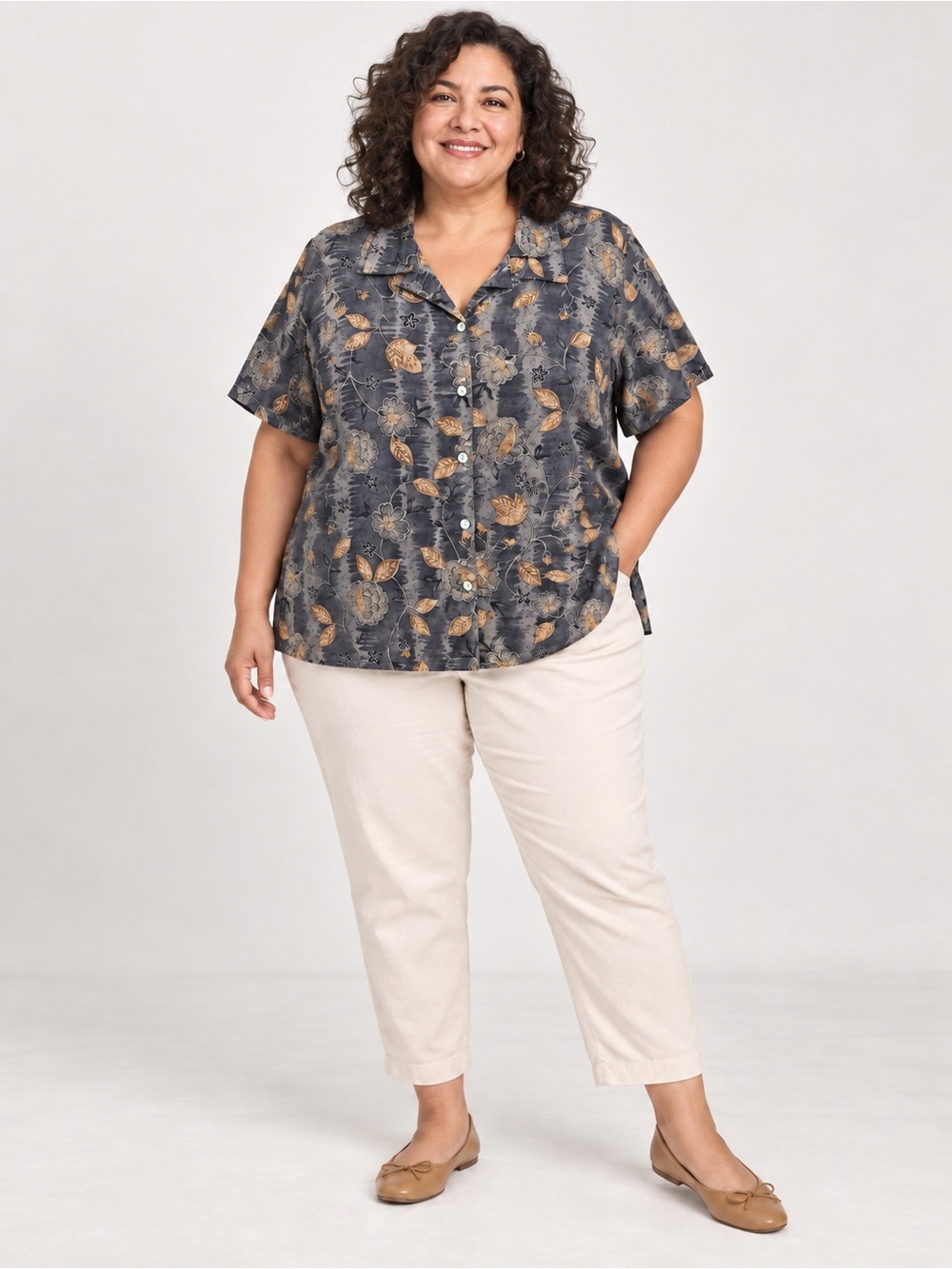 Bentley Plus Floral Rayon Button-Front Blouse Women’s 24W Gray Blue